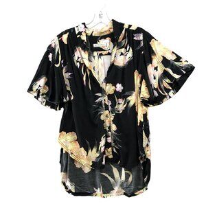 We The Free People Hawaiian Shirt Womens XS Oversized Black Floral Tropical